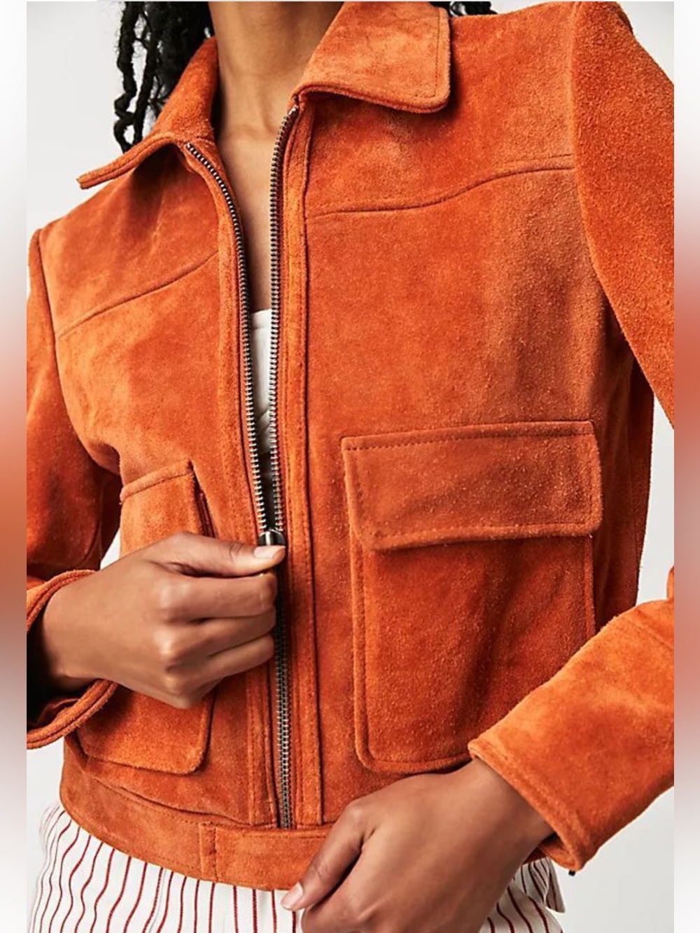 Free People x Muuba Wilde Suede Zip-Front Bomber Jacket in Rust Orange